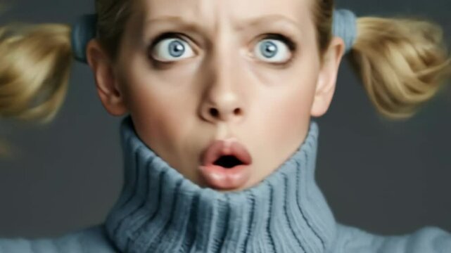 Humorous expressive woman with pigtails switching from cross-eyed smile to serious denial