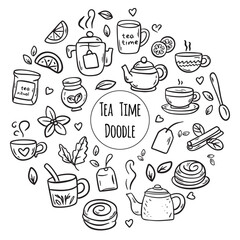 Doodle Tea Time Illustrations A Unique Collection Featuring Various Teapots, Cup and Accessories
