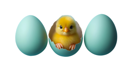 Small yellow chick emerging from teal egg