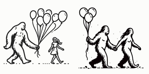 Fototapeta premium Bigfoot Couple Holding balloons or releasing them together. Cowboy Sasquatch hairy mythical creature Clipart line art vector illustration. pair grasping buoyant sphere freeing them.