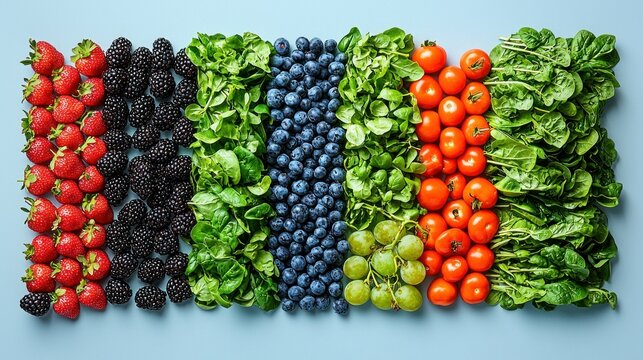 Fresh, vibrant array of colorful fruits and vegetables arranged in neat vertical stripes against a soft background.  Berries, leafy greens, and colorful tomatoes and blueberries are showcased
