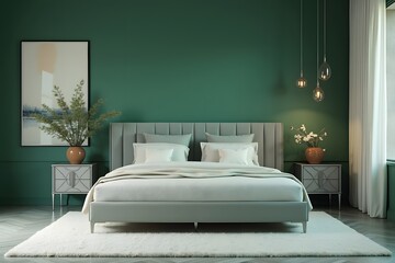 White, grey and green classy bedroom interior design.