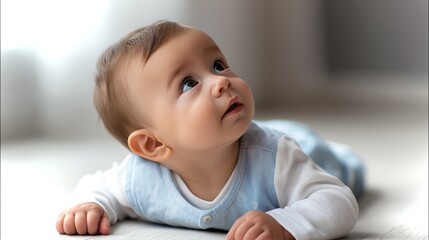 Cute baby lying on stomach looking up with curious eyes in a bright room