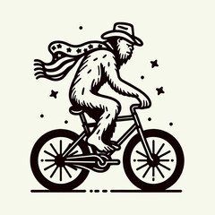 bigfoot with cowboy hat and american flag overlay scarf Biking. Sasquatch hairy mythical creature Clipart line art vector illustration. Cryptozoological primate in western headgear stars.
