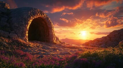 An artistic depiction of the empty tomb of Jesus at sunrise. 