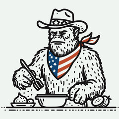 bigfoot with cowboy hat and american flag overlay scarf Cooking. Sasquatch hairy mythical creature Clipart line art vector illustration. .