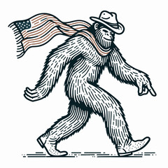Fototapeta premium bigfoot with cowboy hat and american flag overlay scarf Dancing. Sasquatch hairy mythical creature Clipart line art vector illustration. .
