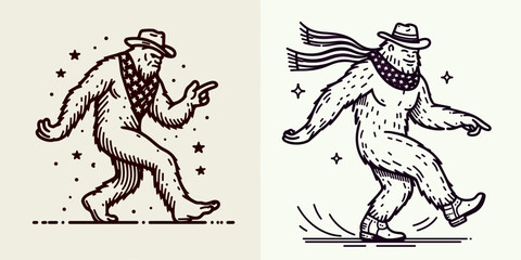 Fototapeta premium bigfoot with cowboy hat and american flag overlay scarf Dancing. Sasquatch hairy mythical creature Clipart line art vector illustration. .