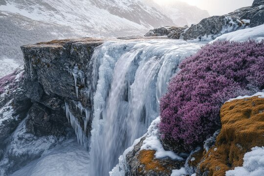 Frozen waterfall cascading over a snow-covered cliff, surrounded by purple heather and icy formations.