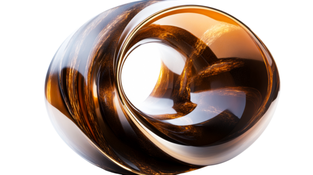 Glassy twisting torus shape with flowing amber liquid, cut out transparent