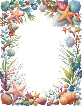 Starfish and Seashell Frame PNG on Transparent Background with white Copy Space in Center for Coastal Nursery Decor,Colorful Underwater Ilustration Design