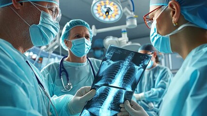 Surgeons in teal scrubs and masks review a spine x-ray in a bright operating room - Powered by Adobe