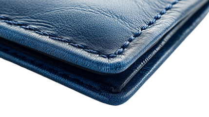 Close-up of a textured blue wallet with stitching, cut out transparent