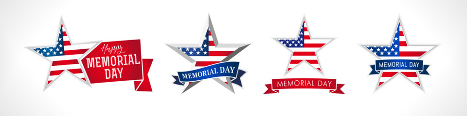 Obraz premium Set of creative icons for US Memorial Day celebration. Memorial Day stars with American flag and ribbons. Badge design. Clip art collection. Greeting card elements. Awards concept. Web banner template