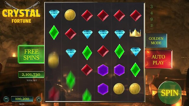 Computer Screen Template for a Thrilling Spins Casino Game Animation, Featuring Dazzling Gems, Crystals, Precious Stones and Rewards. Interactive Elements Mock Up for Addictive Gambling Adventure