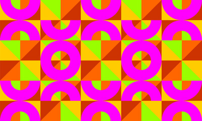 Trendy vector abstract geometric background with circles, tiangle and cube seamless cover. Graphic pattern of simple shapes colorful, brutalist style adn swiss design aesthetic.