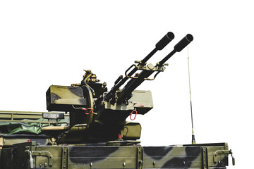 Isolate. Close-up of an anti-aircraft installation of a double-barreled machine gun. © Victor