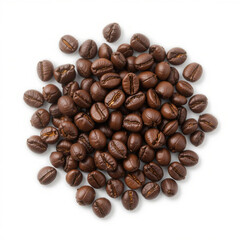 Close-up of four roasted coffee beans on white background