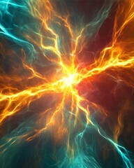 Energy Burst: A mesmerizing display of energy, with a vibrant core of fire and an electric web of branching tendrils, representing power, motion, and the wonders of the cosmos.