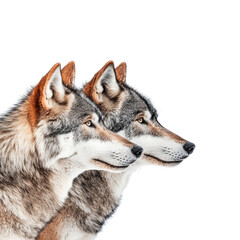 Obraz premium Majestic wolves side by side, showcasing their striking features and fur patterns. These animals symbolize strength and loyalty, captivating with their intense gaze and natural beauty