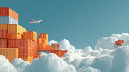 A plane flies above colorful shipping containers amidst fluffy clouds, blending industry with a dreamlike sky.