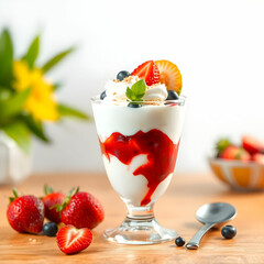 a gourmet yogurt parfait in a glass cup under the white background