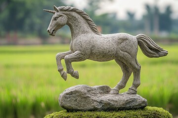Grey stone unicorn statue poised on a rock.