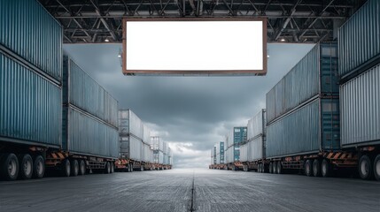 Obraz premium Large shipping containers lined up under a cloudy sky, with an empty billboard frame above, creating a dramatic industrial scene.