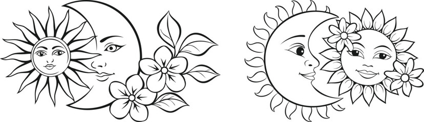 Sun and Moon with Sunflowers and Night Jasmine Line Art Vector | Celestial Floral Illustration Design