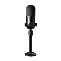 Obraz premium sleek black microphone stands tall on sturdy base, designed for high quality audio recording. Its modern aesthetic and professional appearance make it ideal for studios and podcasts