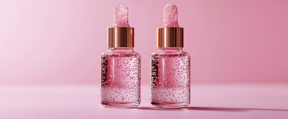 Two pink dropper bottles of clear liquid with subtle shimmer