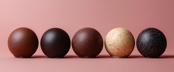 Row of spherical chocolates in various shades of brown and beige, set against a soft pink backdrop.  Each sphere has a smooth, glossy finish