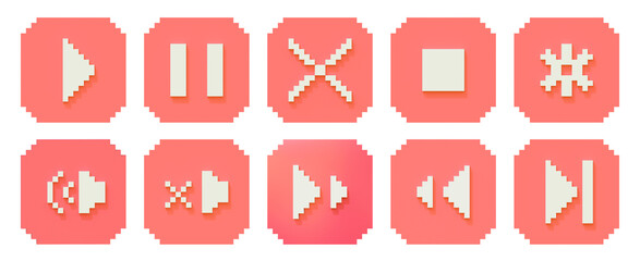 pixel ui icons pixel buttons retro game interface buttons pink 8-bit icons pack video player icons