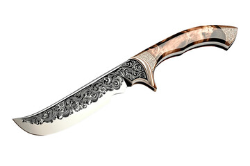 Ornate hunting knife with decorative engraving detail, cut out transparent