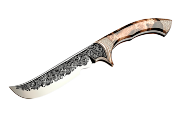Ornate hunting knife with decorative engraving detail, cut out transparent