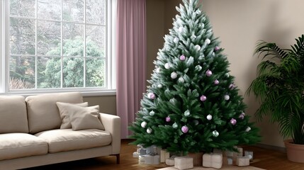 Cozy Christmas living room scene with a decorated tree