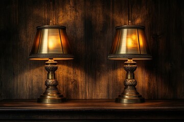 Two antique brass lamps illuminate a dark wooden surface, creating a warm and inviting ambiance.