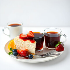 delicious breakfast with black tea and fresh fruit jelly cheesecake isolated on the white background