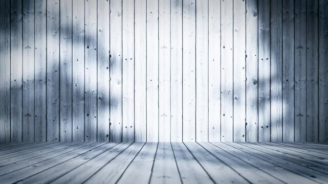 Wooden room background illuminated by natural light, creating moving shadows