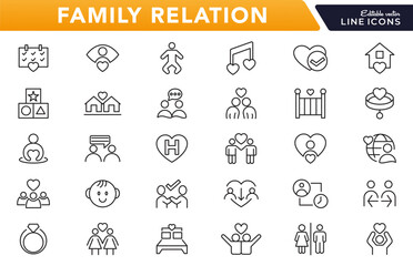 Fototapeta premium Family Relation line icon set. big family, social group, diversity, communication, couple, mother, love, photo album, child, children, adoption line icon set. Ui thin line icon pack.