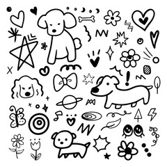 Doodle abstract hand drawn cartoon with black outline. element of dog, puppy, flower and nature for illustration