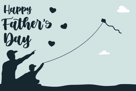 Happy Father's Day scribble typography banner. Concept for Father's Day with elegant hand lettering. A child playing kite with father. Vector illustration - Powered by Adobe