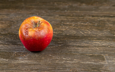 one rotting apple on the table, a apple that has begun to deteriorate and become covered with rot due to long storage or damage