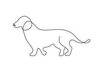 One continuous line drawing of cute dachshund dog for logo identity. Purebred dog mascot concept for pedigree friendly pet icon. Modern single line draw design graphic vector illustration