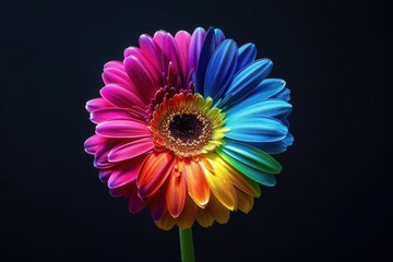 Stunning rainbow-colored flower stands out against a dark background