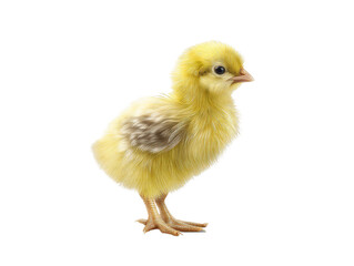 Obraz premium Adorable Small Yellow Chicken Nestled on a Crisp White Background Perfect for Capturing Hearts with Its Cuteness and Charm