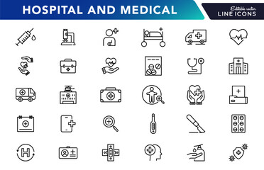Hospital and medical care line icon set. Medicine, health care, doctor, emergency, medicine, info, surgery, and patient outline icon collection. UI thin outline vector icon pack
