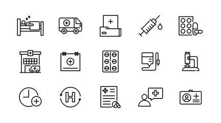 Hospital and medical care line icon set. Medicine, health care, doctor, emergency, medicine, info, surgery, and patient outline icon collection. UI thin outline vector icon pack