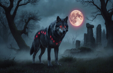 Lone wolf with glowing crimson eyes stands in dark forest beneath a blood-red moon and shadowy trees