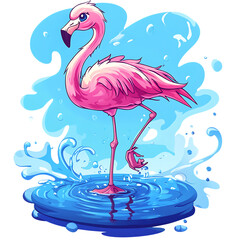 A Cartoon Flamingo Standing on One Leg in Shallow Water Isolated on Transparent Background